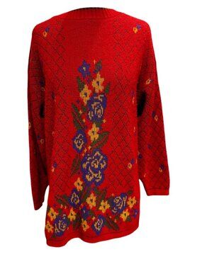 Vintage 80s Floral Knit Sweater Red USA Made Oversized Boho Cottagecore